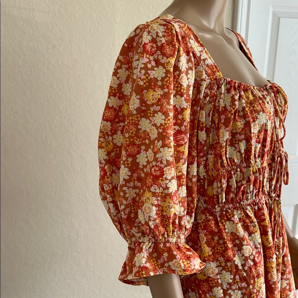 Free People Orange & Cream Smocked Romper Size Medium - Picture 4 of 16